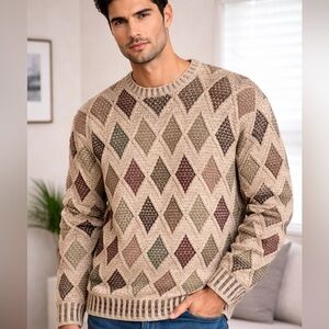 Vintage Northern Isles Diamond Knit Sweater Men’s Large 90s Made in Hong Kong